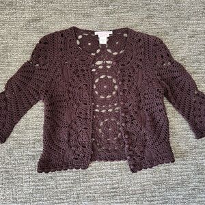 Vintage Brown Open-Front Crochet Cardigan
